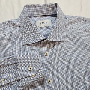 Eton 41 Slim 16 Men's Shirt in Blue and White Plaid, Men's M/L